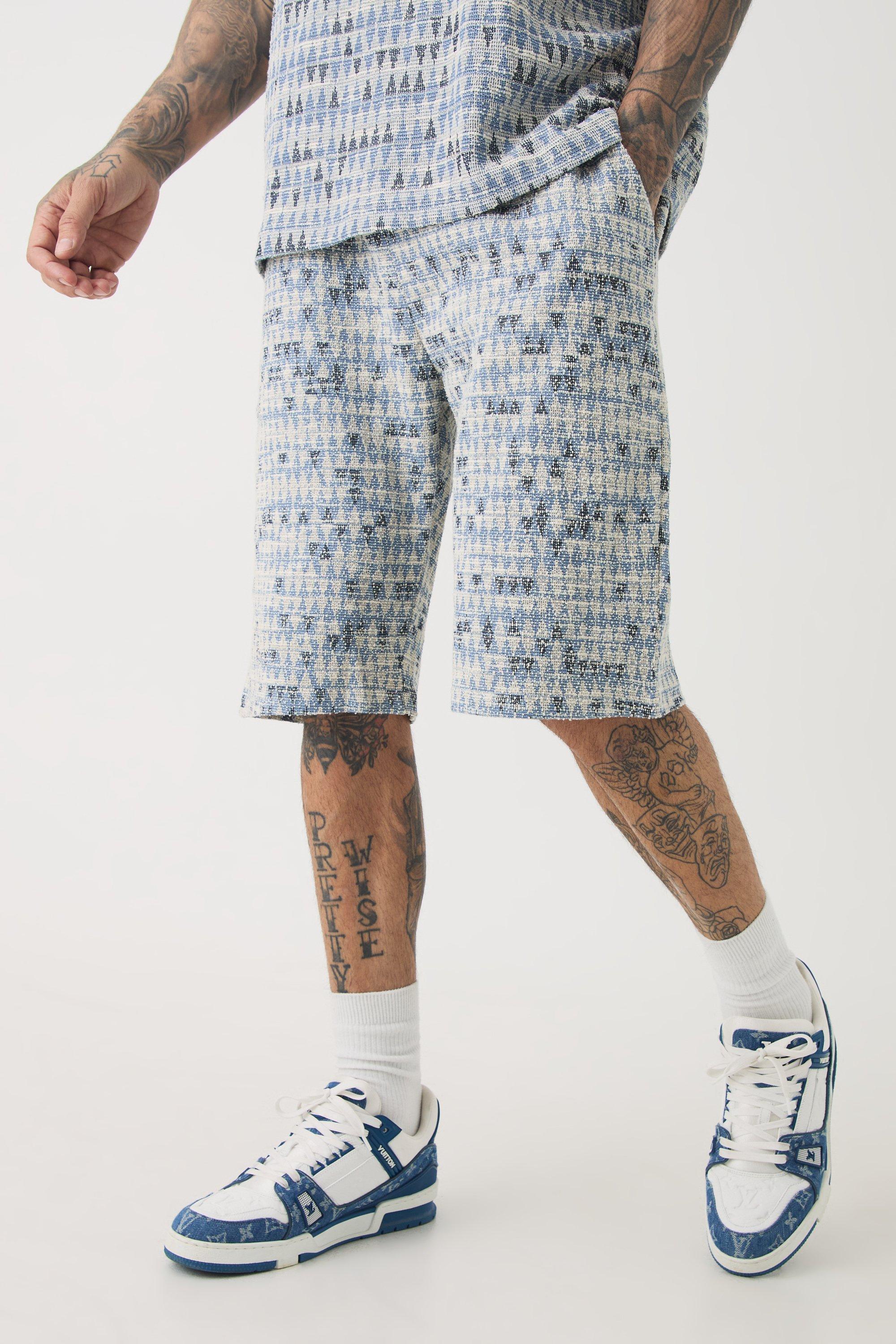 Mens Blue Tall Elasticated Waist Relaxed Jacquard Geo Shorts, Blue Product Image