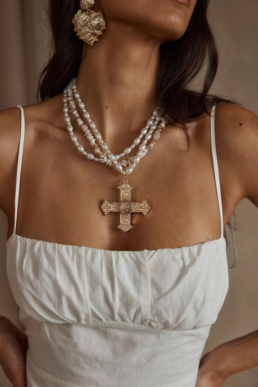 Angelica Gold Pearl Cross Statement Necklace Product Image