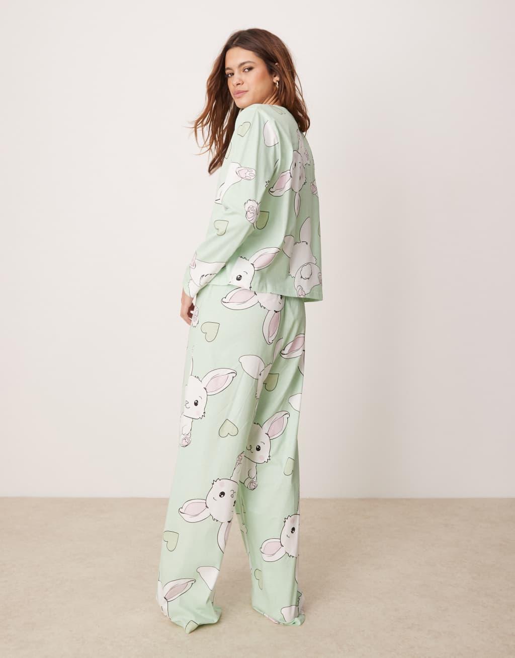 ASOS DESIGN bunny long sleeve top & pants pajama set in gray Product Image