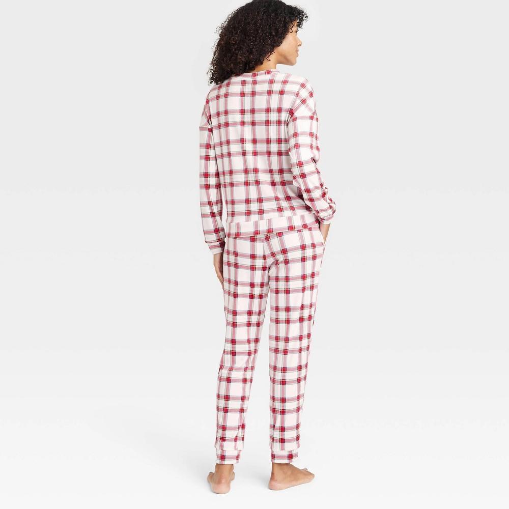 Womens Minky Fleece Pullover Top and Joggers Pajama Set - Auden Cream/Plaid XS Product Image