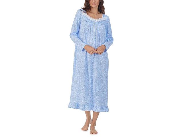Eileen West Floral Print Lace Trim Long Sleeve Jersey Nightgown Product Image