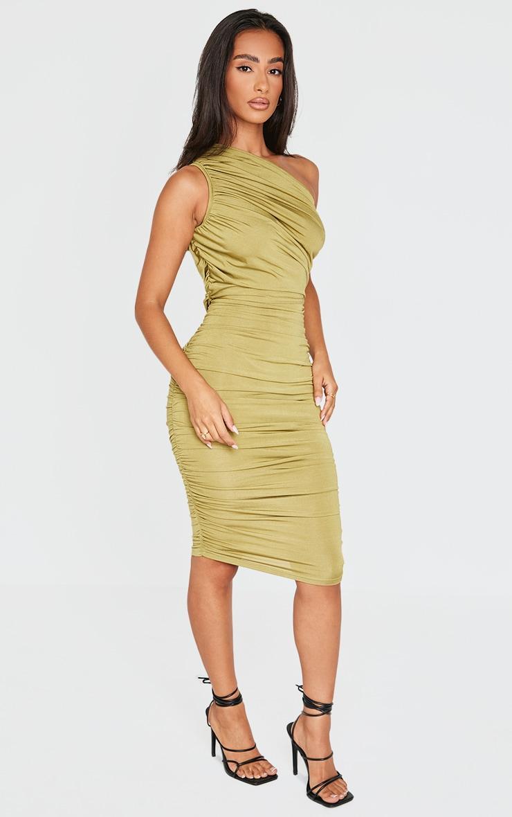 Petite Olive Slinky Ruched One Shoulder Longline Midi Dress Product Image