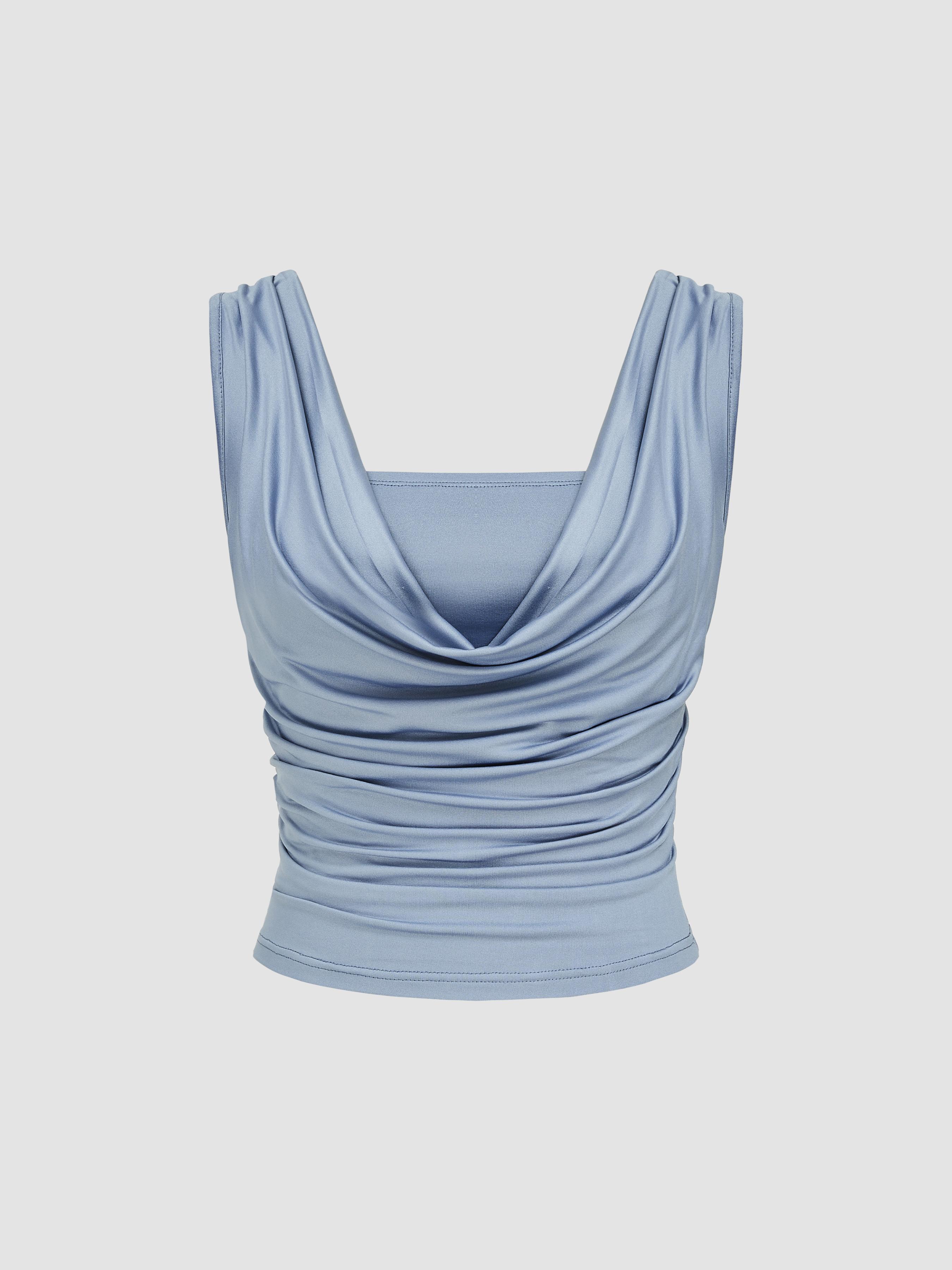 Cowl Neck Solid Ruched Tank Top Product Image