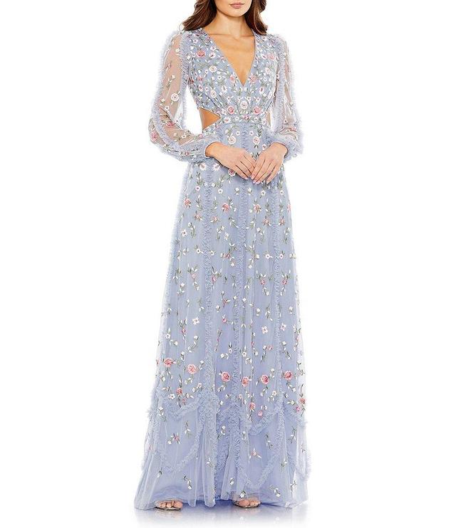 Mac Duggal Floral Sequin Embroidered V-Neck Long Illusion Sleeve Side Back Cut-Out Gown Product Image