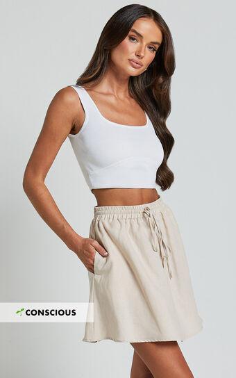 Sharai Mini Skirt - Linen Look High Waisted Drawstring Skirt in Oatmeal Product Image