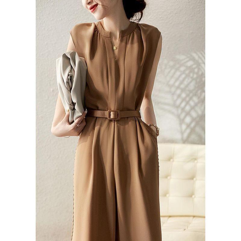 Set: Sleeveless Notch Neck Plain Wide Leg Jumpsuit + Belt Product Image