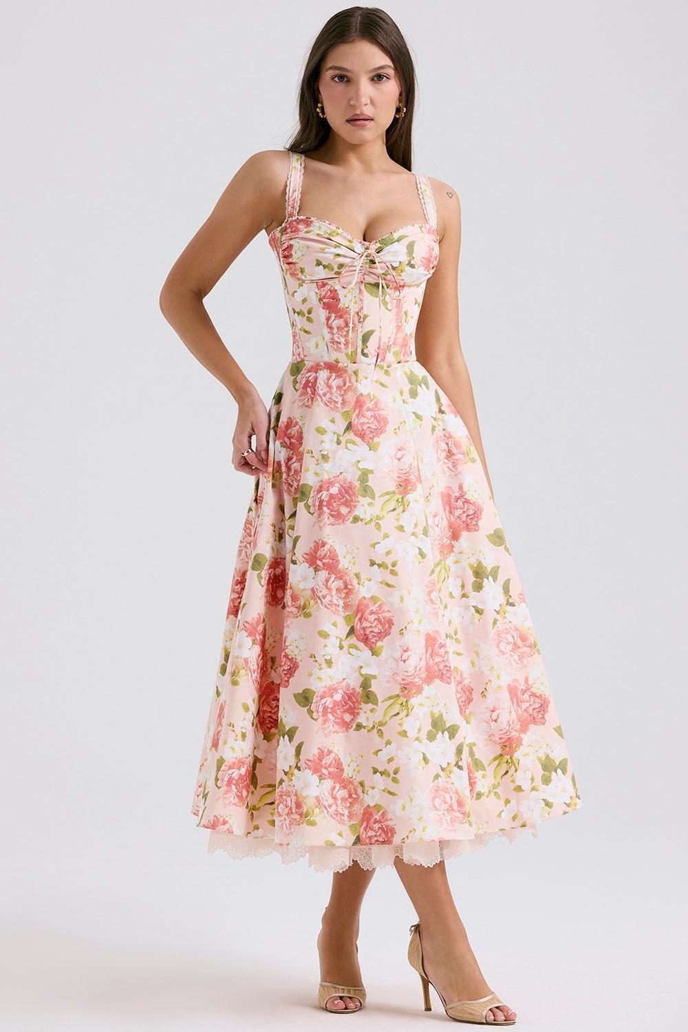 Rosalee Pink Peony Print Cotton Bustier Sundress Product Image