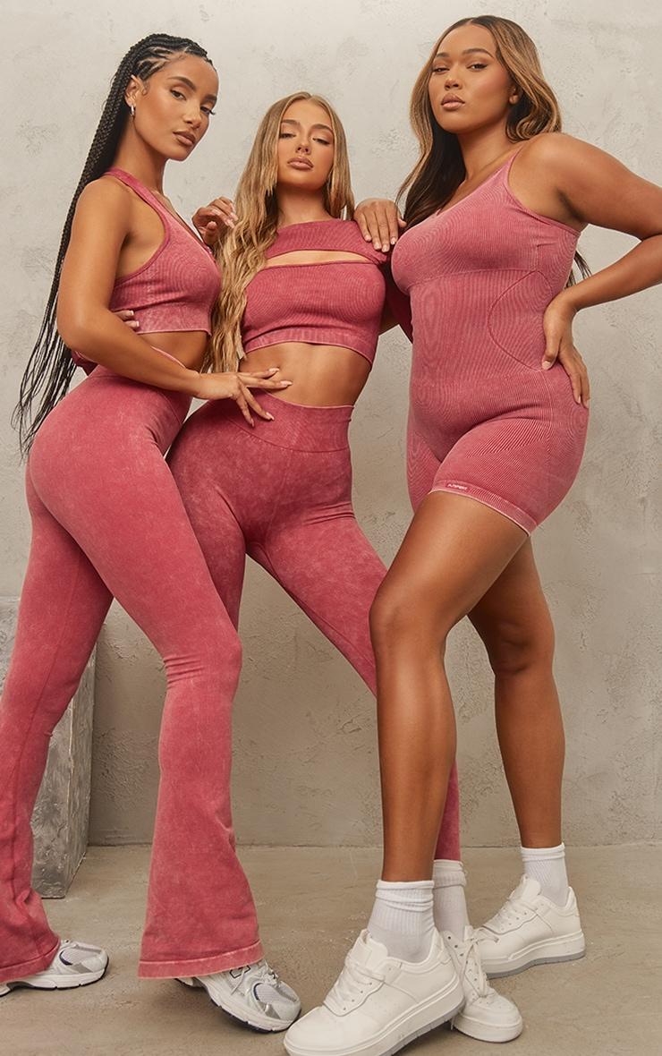 PRETTYLITTLETHING Dark Red Plus Acid Wash Seamless Gym Unitard Product Image