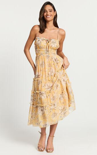 Fran Midi Dress - Ruched Tie Front Tiered Dress in Yellow Floral Product Image