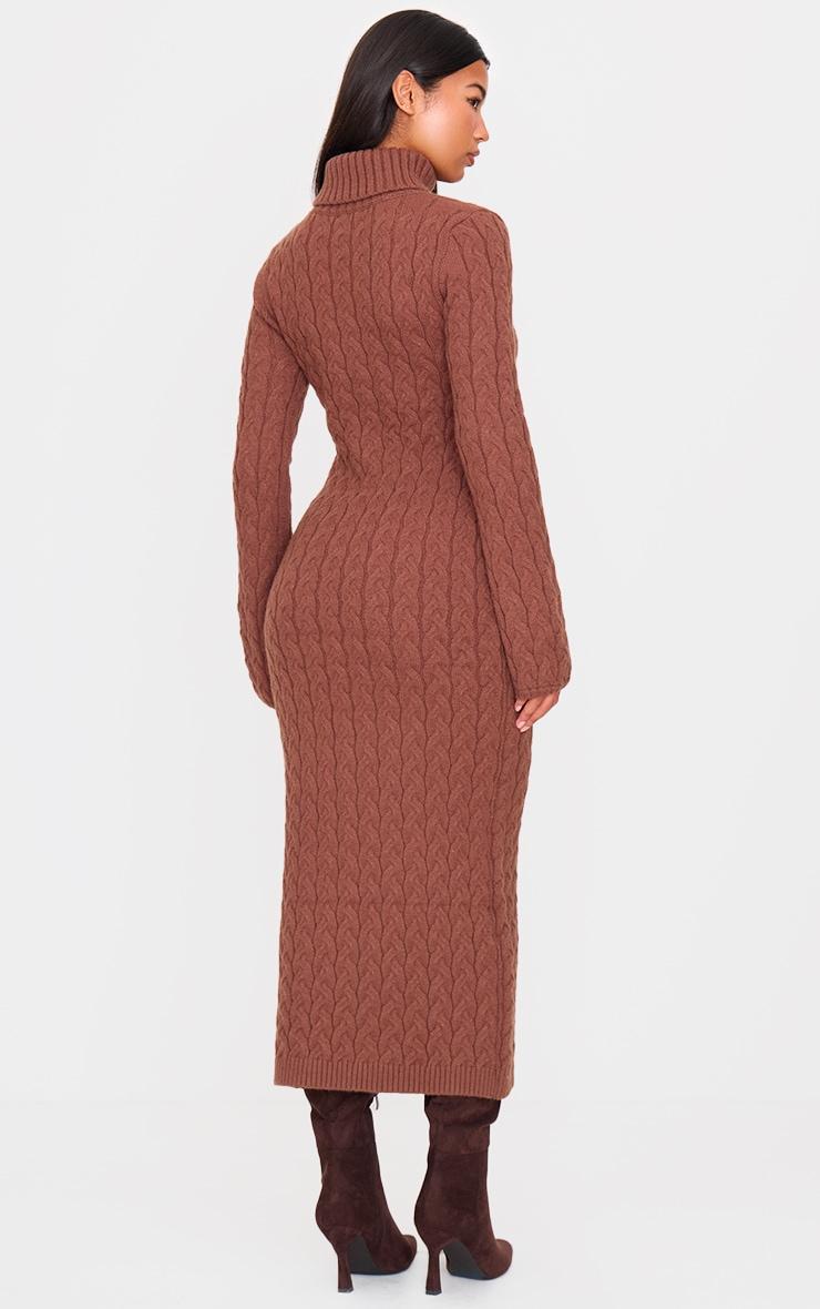 Cappuccino Chunky Cable Knit Roll Neck Maxi Sweater Dress Product Image