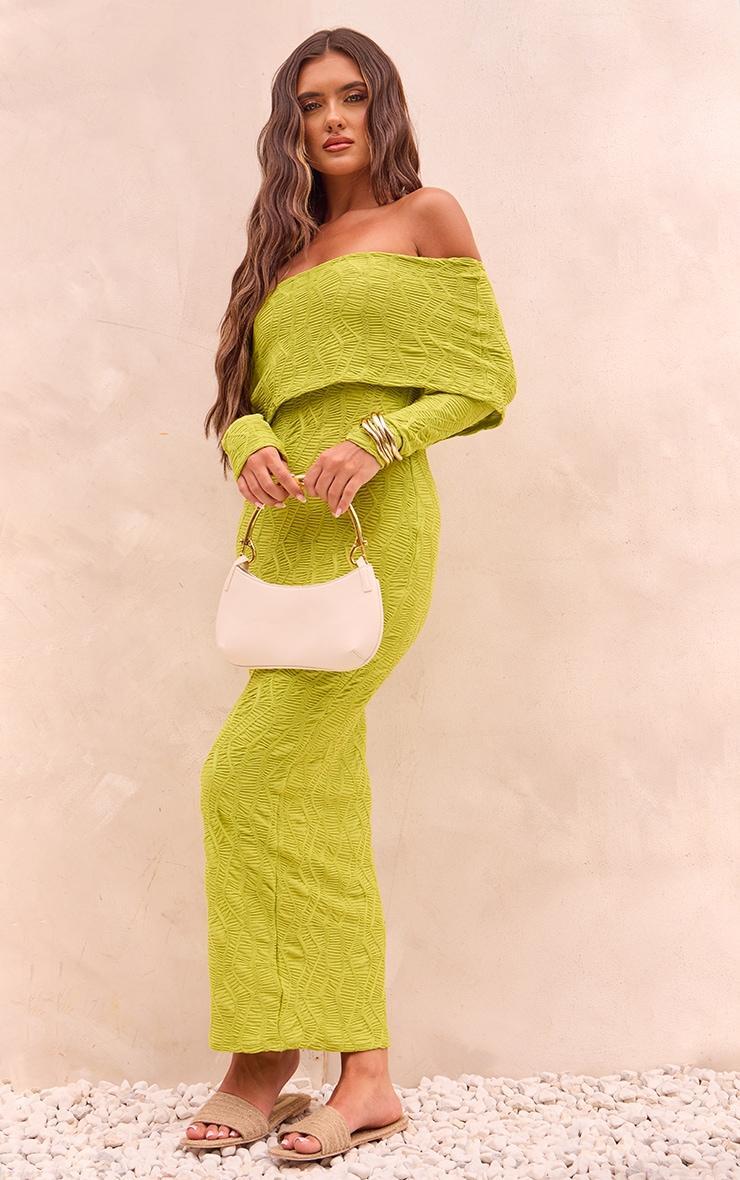 Green Textured Oversized Fold Over Bardot Maxi Dress Product Image