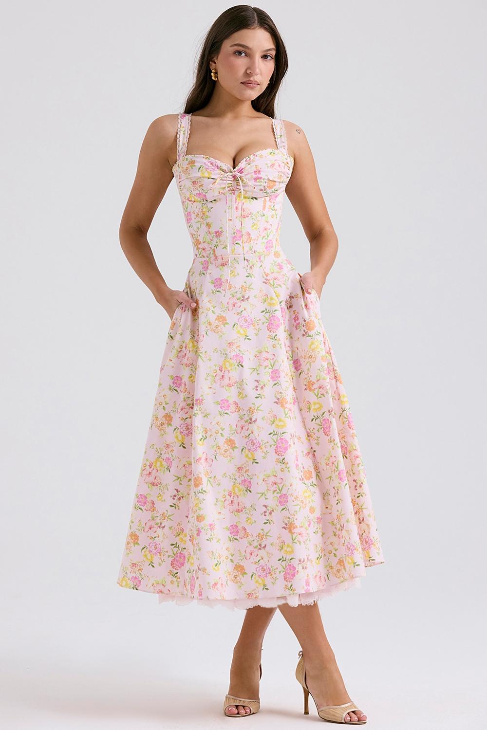 Rosalee Pink Meadow Print Cotton Bustier Sundress Product Image