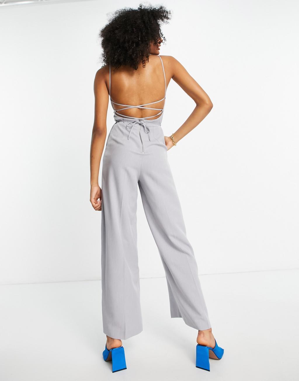 ASOS DESIGN tailored melange suiting strappy back wide leg jumpsuit in gray  Product Image