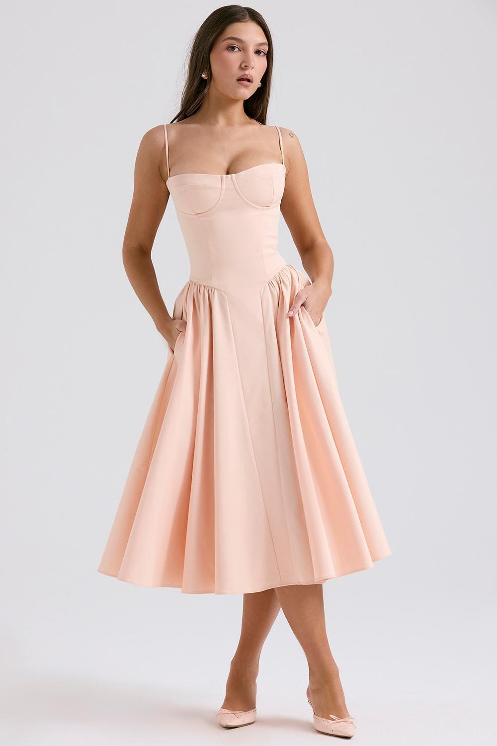 Samaria Peach Parfait Twill Corset Midi Dress Product Image