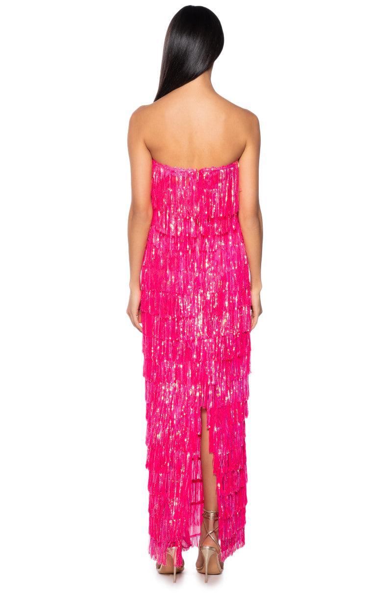 TOP OF THE WORLD STRAPLESS SEQUIN FRINGE MAXI DRESS IN FUCHSIA Product Image