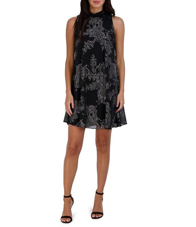 Robbie Bee Paisley Print Mock Neck Sleeveless Self-Tie Back Ribbon Detail ITY Shift Dress Product Image