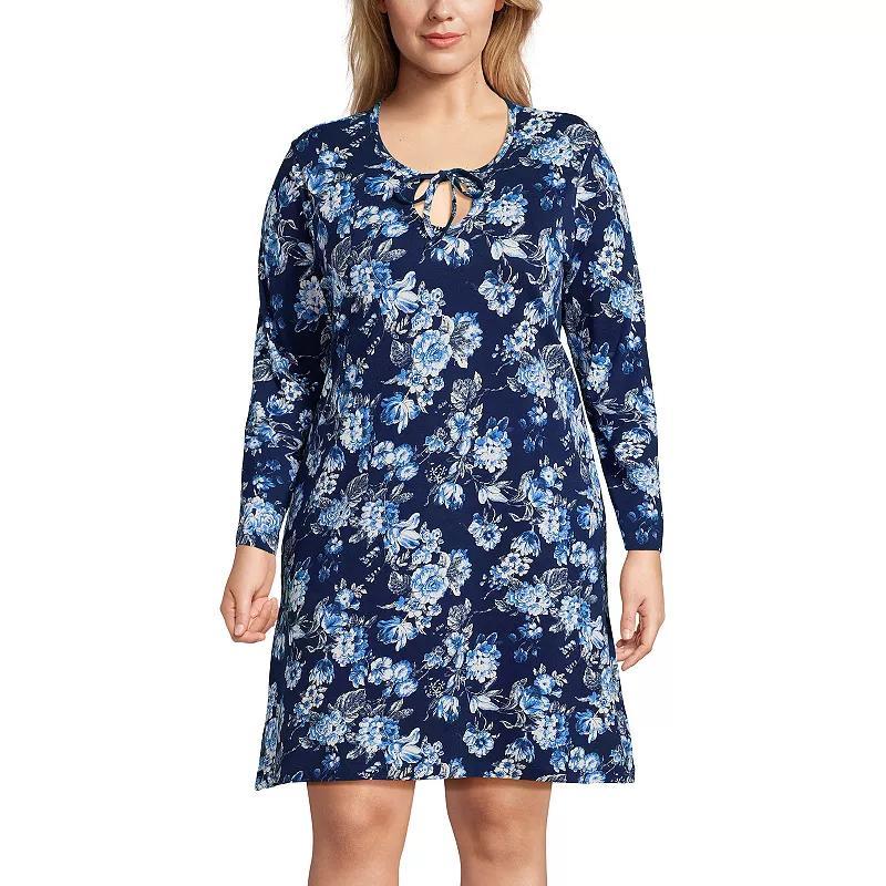 Plus Size Lands End Cotton Long Sleeve Nightgown, Womens Deep Blue Product Image