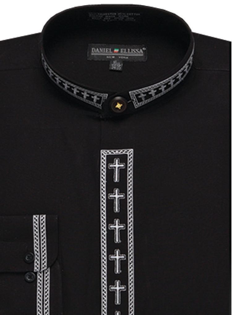 Men's Banded Collar Embroidered Convertible Cuff Shirt in Black/White product image