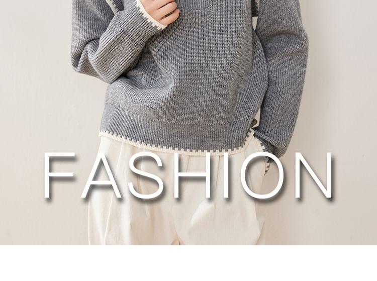 Collar Melange Contrast Trim Half-Zip Ribbed Sweater Product Image