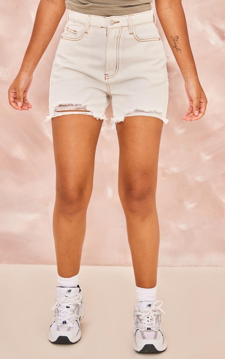 Petite Ecru Ripped Denim Shorts Product Image