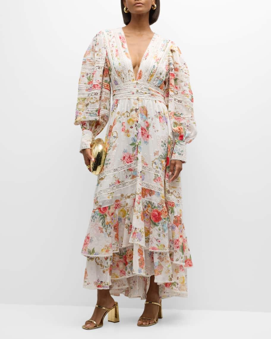 Floral Cotton Button-Front Maxi Dress with Lace Inserts Product Image