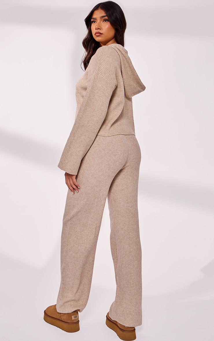 Oatmeal Soft Rib Knit Hooded Sweater With Wide Leg Pants Product Image