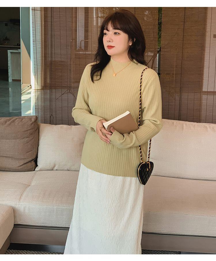 Long Sleeve Mock Neck Plain Ribbed Knit Top Product Image