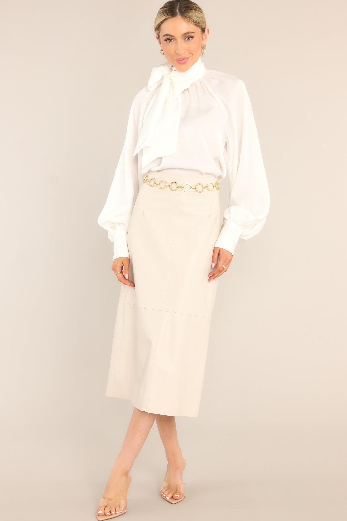 Through Open Doors Bone Faux Leather Midi Skirt White Product Image