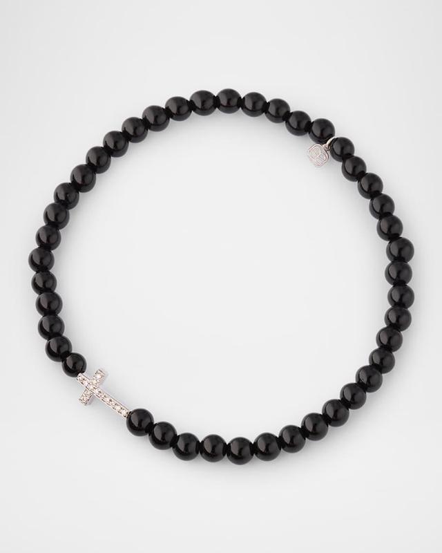 Mens 14K Gold Diamond Cross Black Onyx Beaded Bracelet Product Image