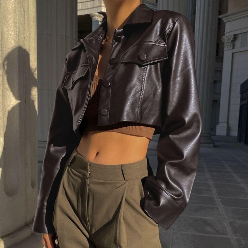 Collar Plain Faux Leather Crop Button Jacket Product Image