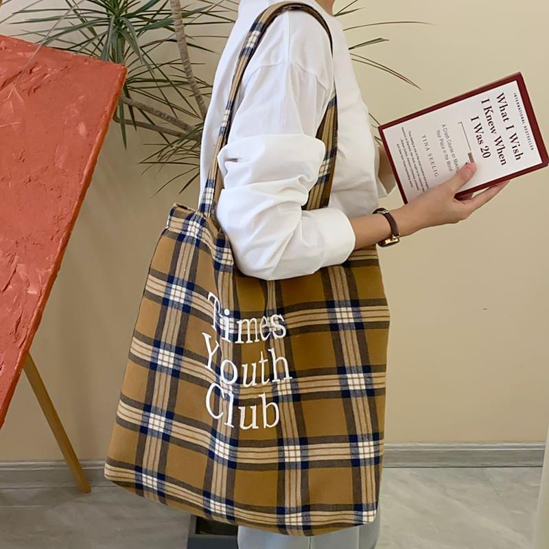 Plaid Lettering Embroidered Tote Bag Product Image