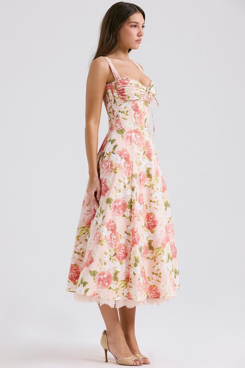 Rosalee Pink Peony Print Cotton Bustier Sundress Product Image