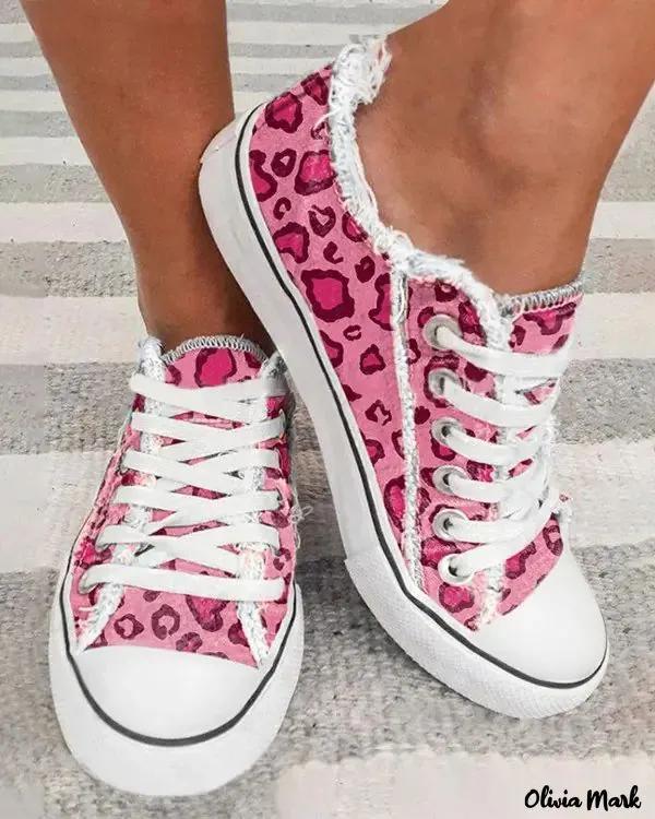 Olivia Mark – Valentine canvas lace-up sneakers with fringed hem with cheetah print Product Image