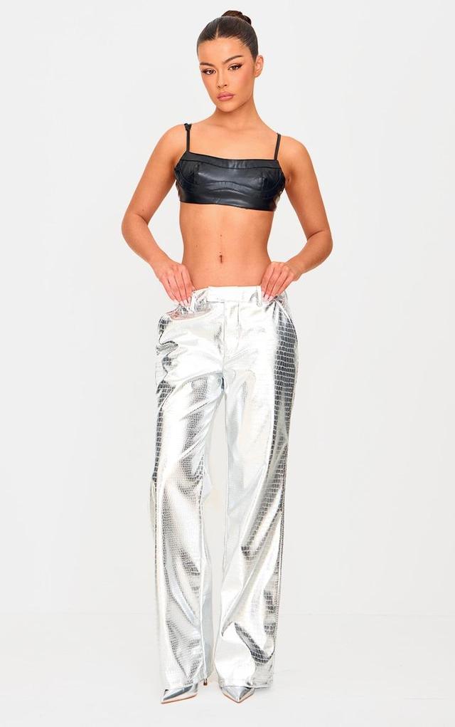 Silver Metallic Crocodile Faux Leather Pants Product Image