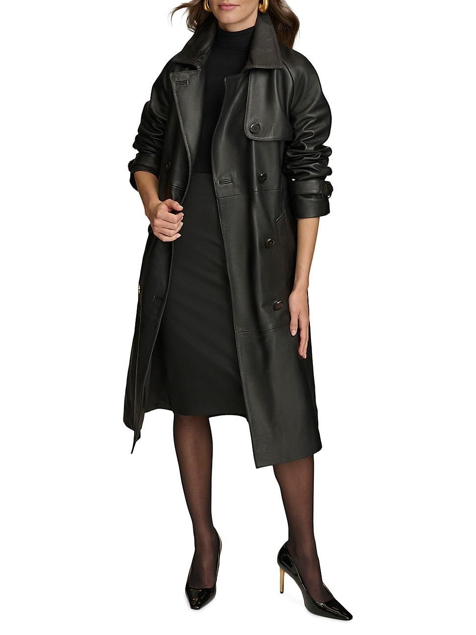 Womens Leather Belted Double-Breasted Trench Coat product image