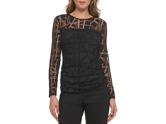 DKNY Long Sleeve Jacquard Mesh Ruched Top Women's Clothing Product Image