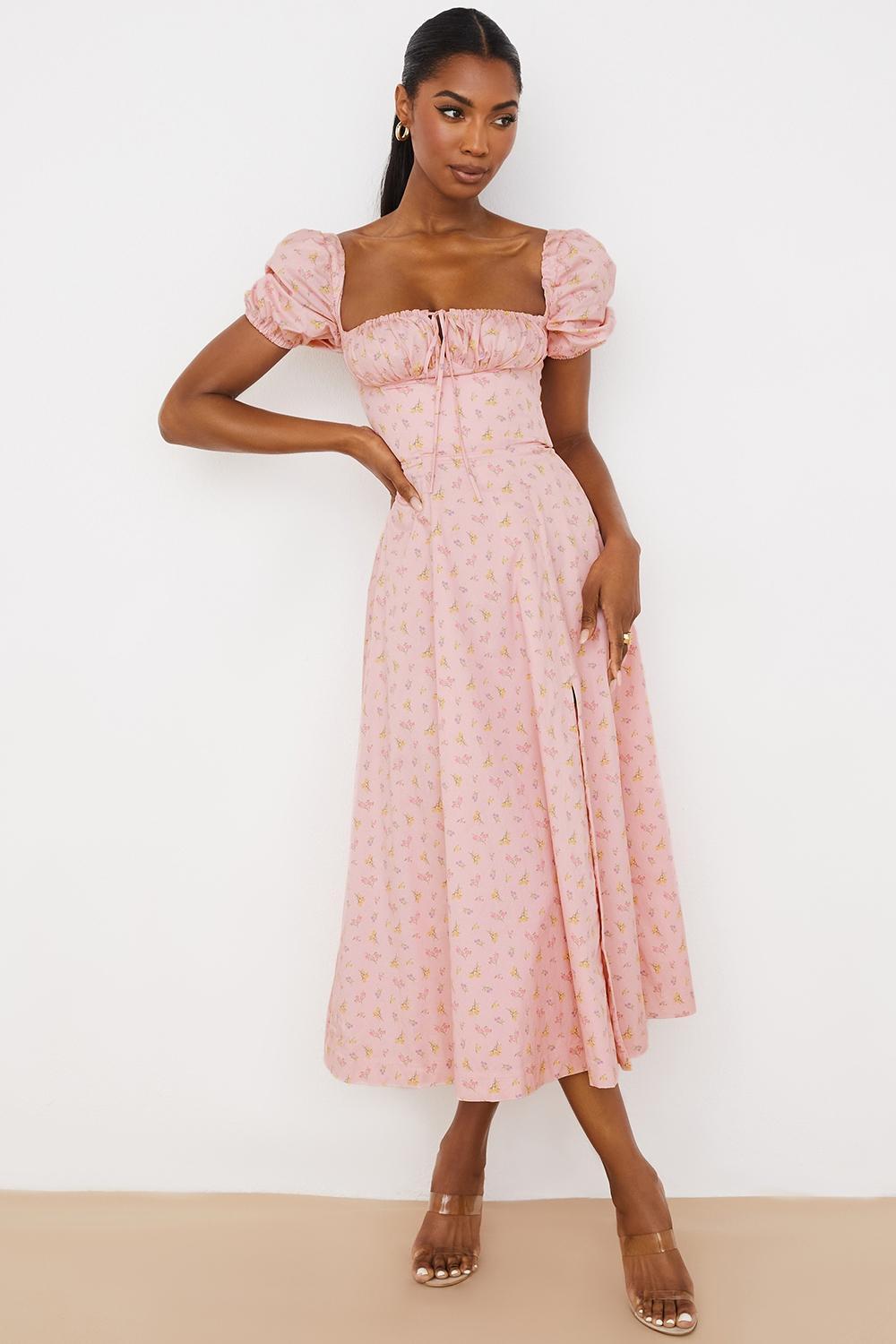 Tallulah Pink Floral Puff Sleeve Midi Dress Product Image