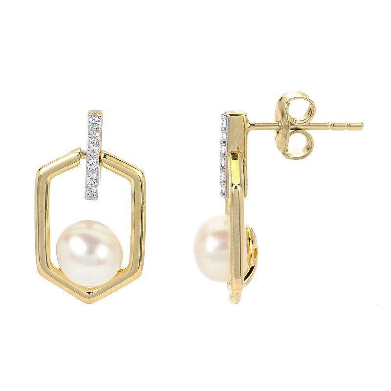 PearLustre by Imperial 14k Gold Over Silver Freshwater Cultured Pearl & Lab-Created White Sapphire Geometric Earrings, Womens, Yellow Product Image