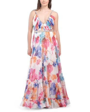 Plunge Neck Embellished A-line Floral Print Gown for Women Product Image