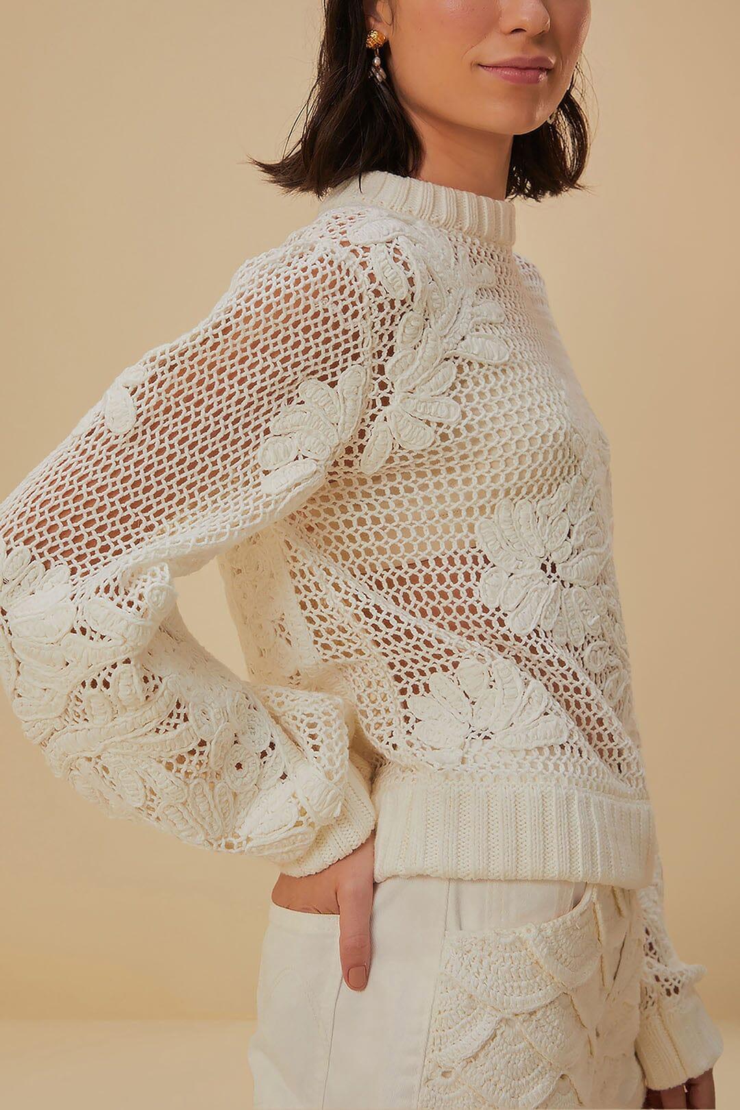 White Embroidered Knit Sweater, WHITE / L product image