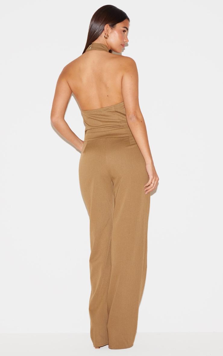  Khaki Woven High Neck Zip Detail Straight Leg Jumpsuit Product Image