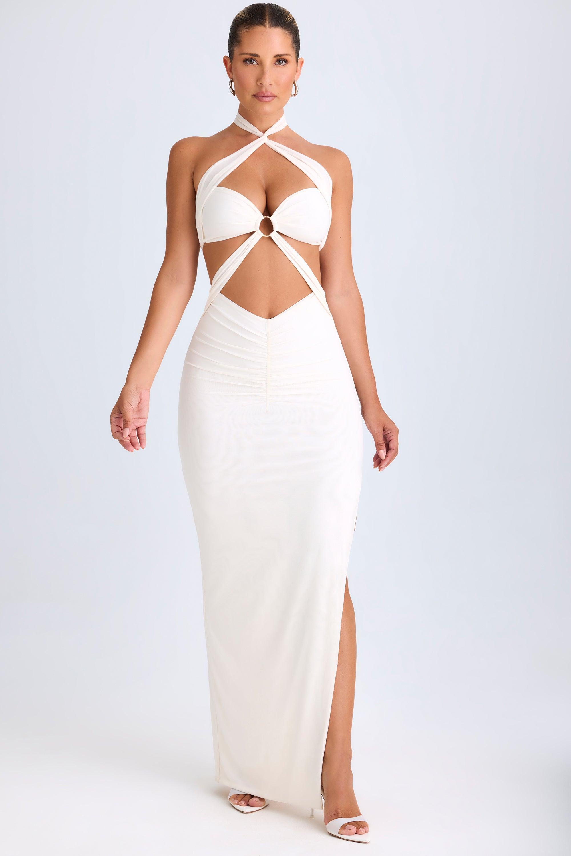 Cut-Out Ruched Halterneck Maxi Dress in White Product Image