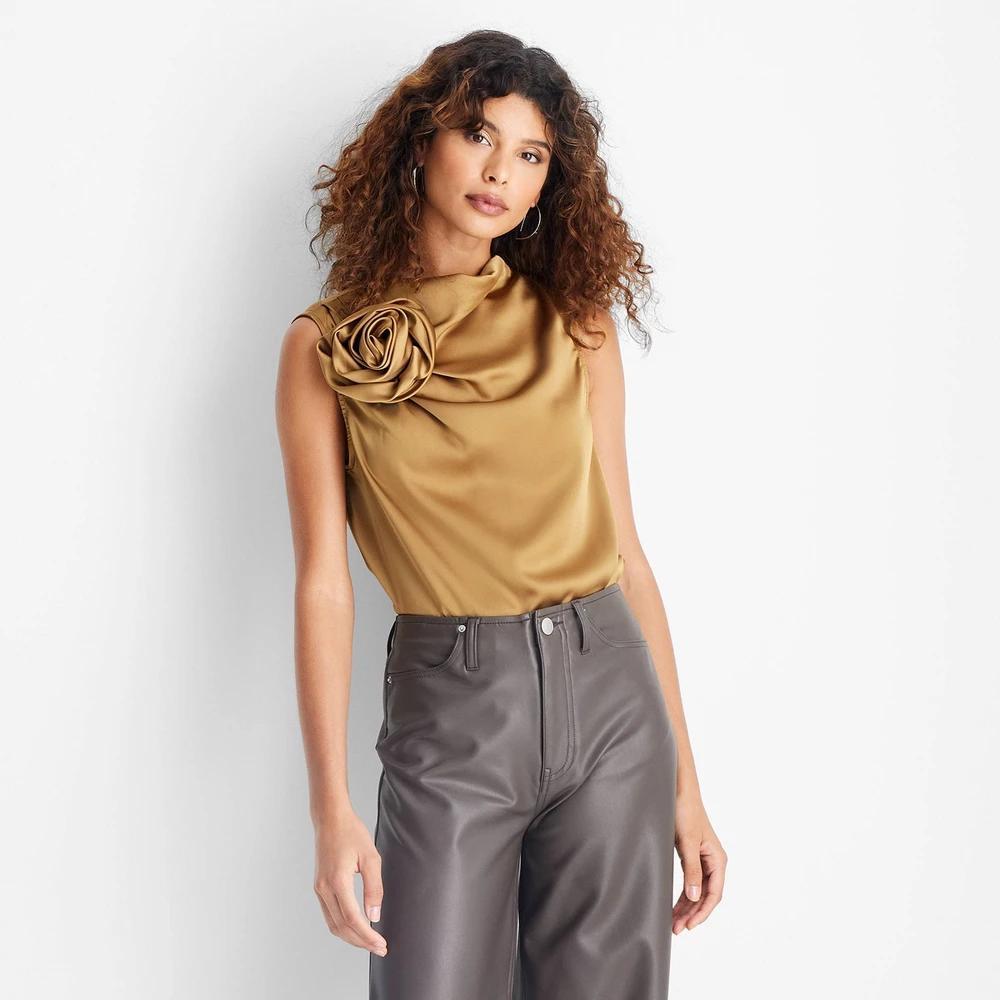 Womens Sleeveless Draped Rosette Top - Future Collective Tan XL Product Image