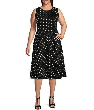 Calvin Klein Plus Size Dotted Print Sleeveless Scuba Crepe Fit and Flare Midi Dress Product Image