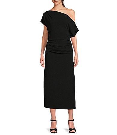 Gibson & Latimer Asymmetric One Shoulder Off-the-Shoulder Short Sleeve Ruched Midi Knit Dress Product Image