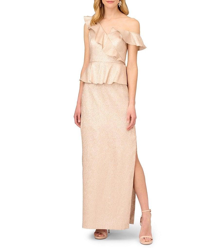 Aidan Mattox Metallic Asymmetrical Neckline Peplum Gown Product Image