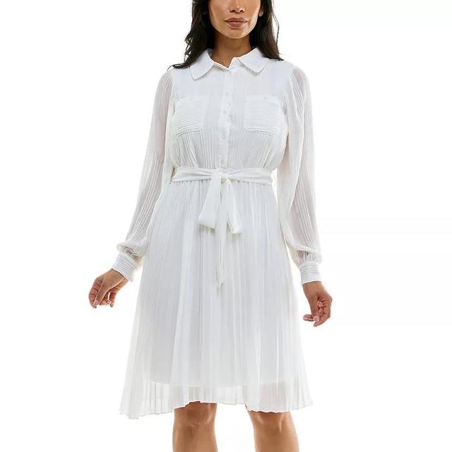 Womens Nina Leonard Pleated Dress with Tie Sash Blue Product Image