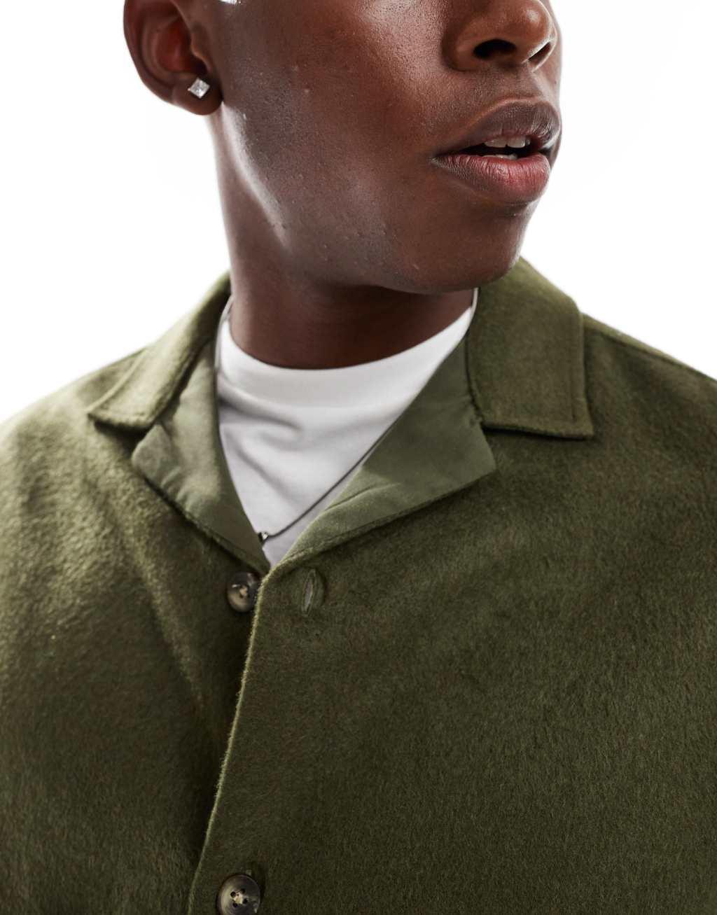 ASOS DESIGN brushed wool look overshirt with camp collar in khaki Product Image