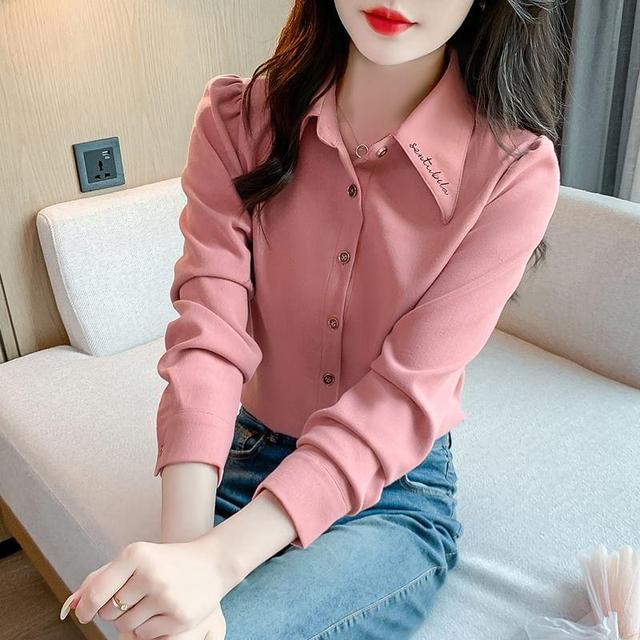 Long-Sleeve Collared Lettering Embroidered Button-Up Blouse Product Image