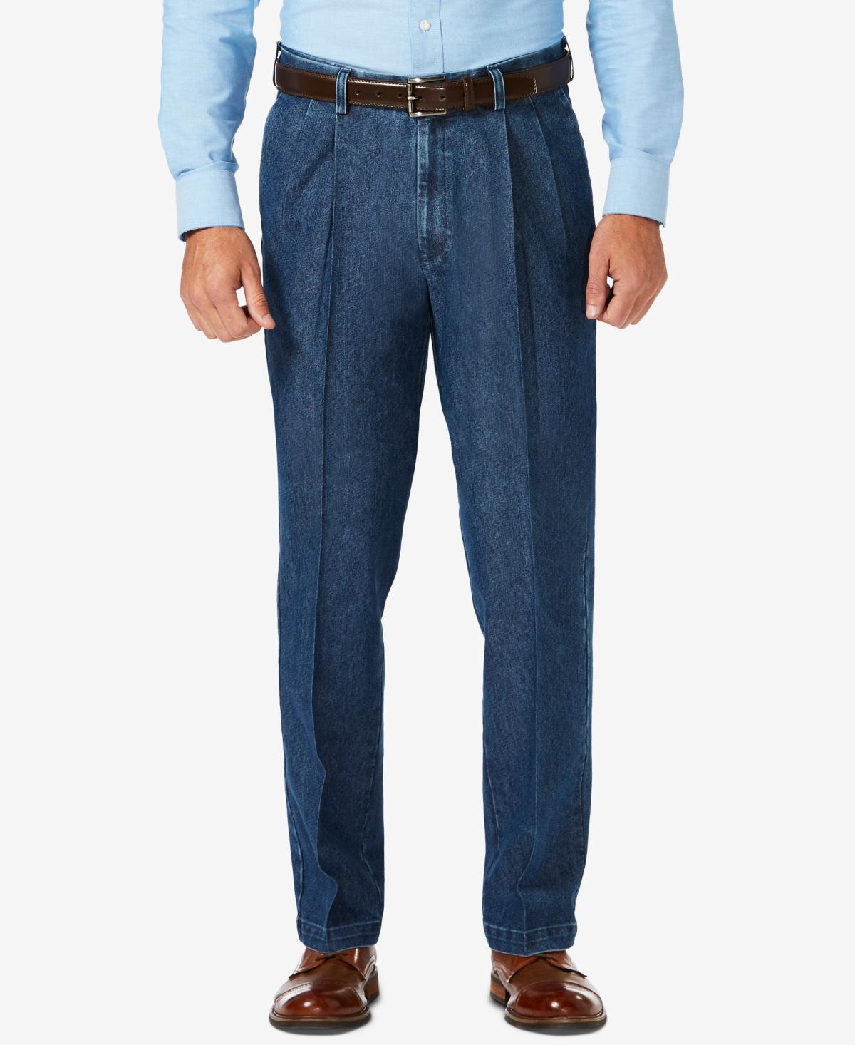 Haggar Mens Stretch Denim Classic-Fit Pleated Pants Product Image